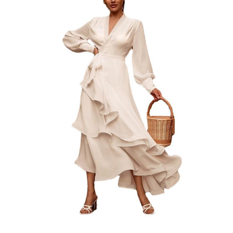 Women Dress Long Sleeve V-Neck Belt Tunic Bell Sleeve Irregular Bridesmaid Dress