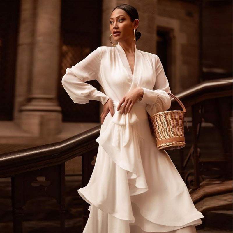 Women Dress Long Sleeve V-Neck Belt Tunic Bell Sleeve Irregular Bridesmaid Dress