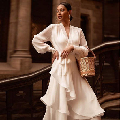 Women Dress Long Sleeve V-Neck Belt Tunic Bell Sleeve Irregular Bridesmaid Dress