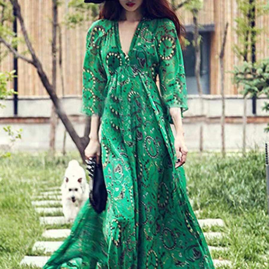 Woman Dress Summer Green Floral, Ruffle Chiffon Spring Bohemian V Neck
