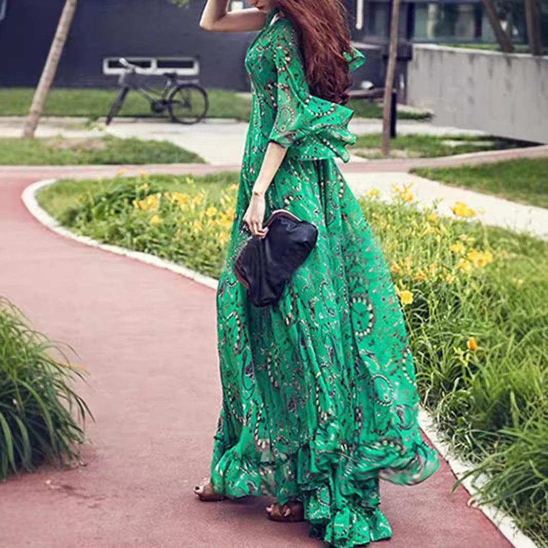 Woman Dress Summer Green Floral, Ruffle Chiffon Spring Bohemian V Neck