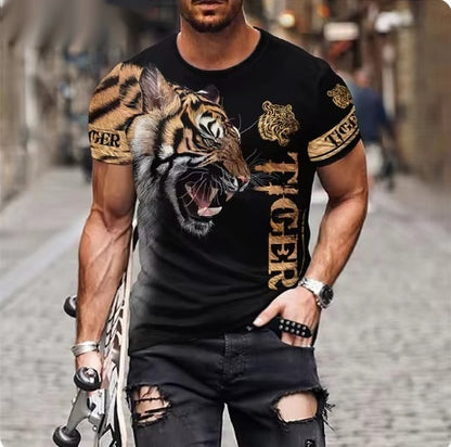 Man wearing a black t-shirt with a tiger design and 'Tiger' text, standing on a street.