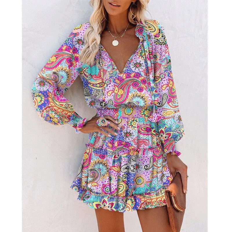 Women Floral Dress Pink Long Sleeve Puff Sleeve Waist Womens Clothing