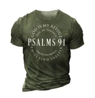 Green t-shirt with 'Psalm 9:1' text on a white background