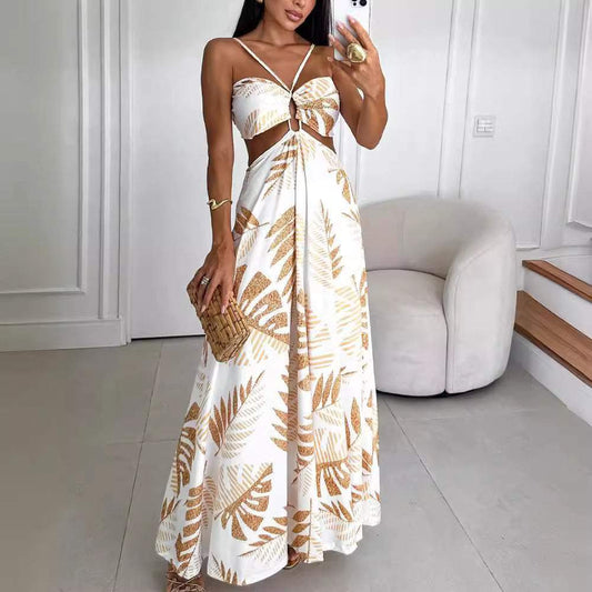 Woman Summer Dress Fashion Printed Dress  Woman Gold Leaves Long Skirt