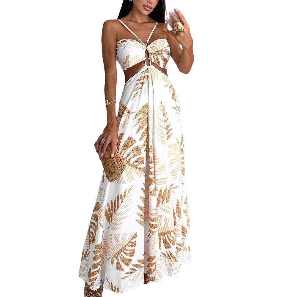 Woman Summer Dress Fashion Printed Dress  Woman Gold Leaves Long Skirt