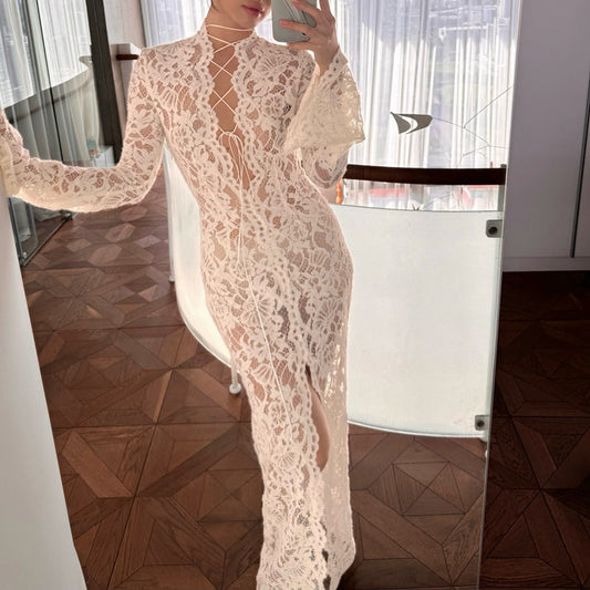 Woman Summer Dress Knitted Hollow-out Micro-transparent Slit Long Sleeve Dress