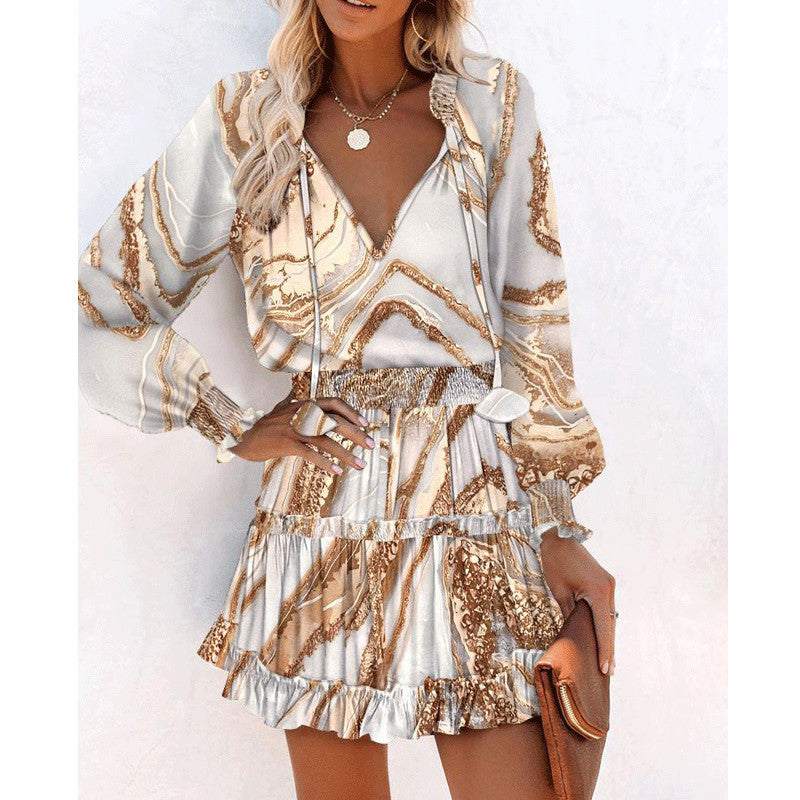 Women Floral Dress Pink Long Sleeve Puff Sleeve Waist Womens Clothing