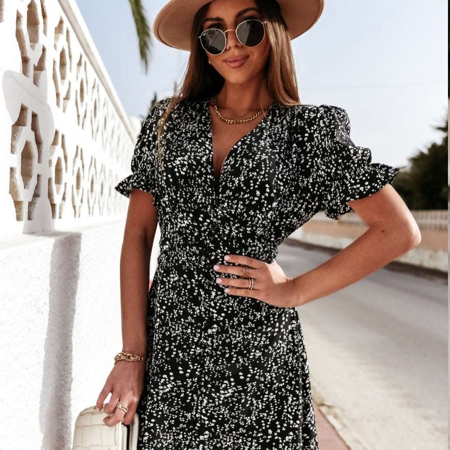 Woman Summer Dress Floral Black Blue Red V-neck Printed Fit & Flare