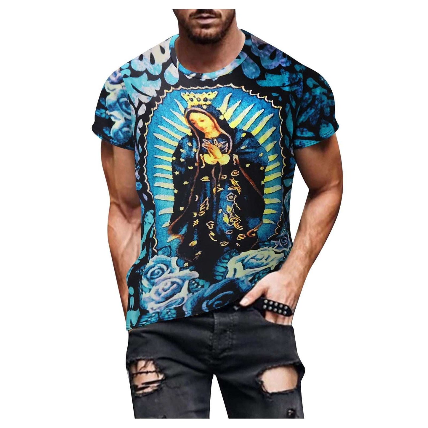 Person wearing a t-shirt with a colorful design of a religious figure on a white background