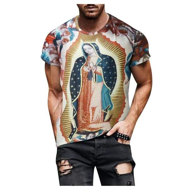 Man wearing a t-shirt with a colorful graphic design on a white background