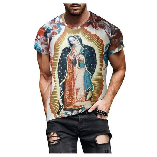 Man wearing a t-shirt with a colorful graphic design on a white background